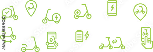 Different icons illustrate features of an electric scooter sharing system, highlighting aspects like location tracking, availability, and usage through a mobile app.