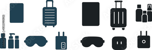 A collection of essential travel items includes a suitcase, toiletries, a sleep mask, and a charging adapter, showcasing must-haves for a comfortable trip.