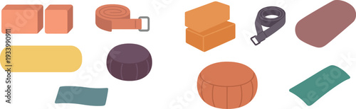 A variety of yoga props including blocks, a strap, a mat, and a bolster are neatly arranged on a clean background, ideal for anyone practicing yoga or fitness routines.