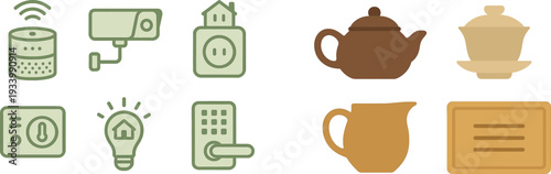 Various smart home devices are displayed, showcasing a speaker, security camera, smart plug, control panel, smart light bulb, and door lock with a green color scheme.