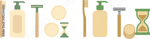 A simple arrangement of personal care items including a toothbrush, a pump bottle of lotion, a razor, and round cotton pads. This setup reflects everyday grooming habits.