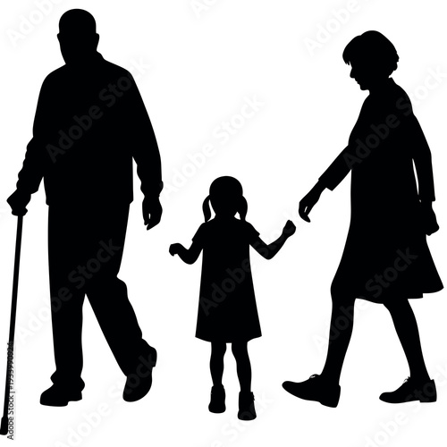 A silhouette grandparents walking with granddaughter. 
