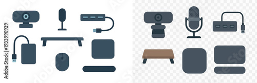 The workspace displays essential computer accessories including a webcam, microphone, USB hub, and mouse, highlighting modern technology for productivity and communication.