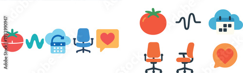 Colorful icons symbolize various concepts like health with a tomato, technology with a cloud, workspace with a chair, and communication with a heart. These elements convey a holistic lifestyle.
