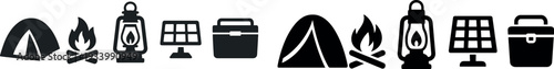 Various camping essentials are displayed including a tent, campfire, lantern, solar panel, and a cooler, representing the joy of outdoor activities in nature.