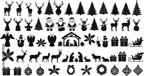 Large Collection of Christmas Silhouettes Featuring Reindeer Santa Claus Christmas Trees Nativity Scene Snowmen Angels and Holiday Ornaments Isolated on White Background for Winter Designs
