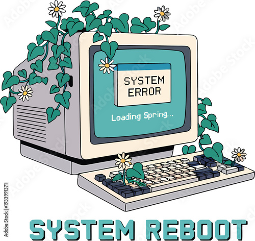Retro Computer System Error with Vines and Flowers Vector