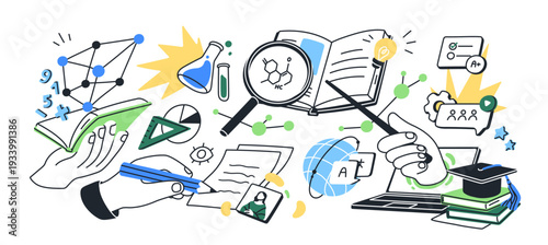Education and learning concept. University book, laptop, chemical test, science, laboratory research. Knowledge, training, back to school. Flat vector illustration isolated on white background