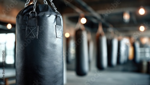 Row of black punching bags hanging in a dimly lit, industrial gym