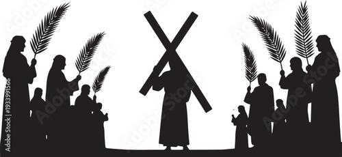 Silhouette of Jesus Christ carrying cross with worshiping crowd