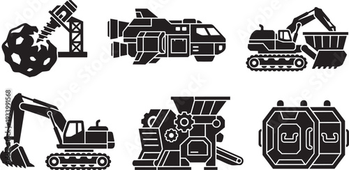 Space Mining, Asteroid Resource Extraction and Heavy Industrial Off-World Mineral Processing Icon Set Vector Illustration
