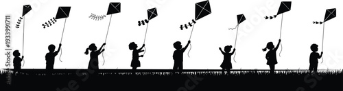 Black silhouette collection of diverse young children standing in a row and flying colorful kites for childhood wonder outdoor summer play and leisure concepts.