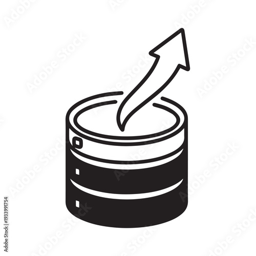 Icon of a data storage barrel with an upward arrow indicating data export and transfer.