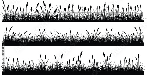 Grass silhouette cad drawing flat vector illustration, three horizontal rows of assorted blades and plants, front view natural border layoutGrass silhouette cad drawing flat vector illustration