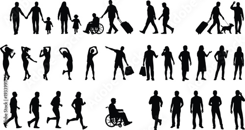 Diverse people in various activities and poses, including walking, running, traveling, and holding hands, black silhouette vector illustration