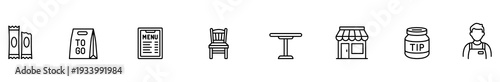 Restaurant icon set outline service menu chair table storefront, simple black line symbols for dining and takeaway, tip jar and waiter, minimal vector style on white