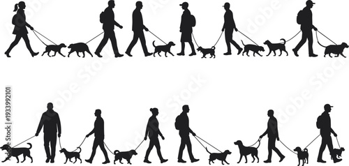 Dog walker vector silhouette set, people walking dogs on a leash, men and women with pets on a street, walking dogs illustration