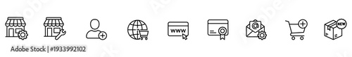 Commerce icon storefront gear wrench user globe website cursor line symbol for online shop account internet order certificate camera setting cart package label minimal outline