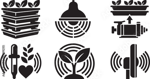 Vertical Farming, Hydroponics and Indoor Agriculture Technology Nature-Tech Hybrid Icon Set Vector Illustration