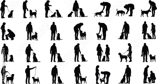 Dog walking and owner silhouette vector illustration set, people with pets in various poses for graphic design resources