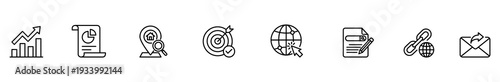 Business icon analytics chart document target globe link email marketing line design banner with black and white symbols for strategy, report, networking, web, communication, growth