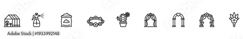 Garden greenhouse sprayer seed flower plant wedding arch outline icon set featuring botanical care tools, potted cactus, floral wreath, ceremony gazebo, monochrome linear style