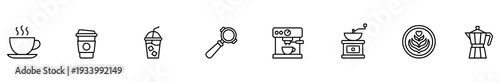 Coffee cafe icon outline vector set cup espresso line art symbols featuring hot drink, takeaway cup, iced beverage, espresso machine, grinder, latte art, moka pot