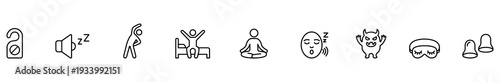 Sleep insomnia tiredness yawn meditation stretching bed icon set, thin line symbols for relaxation, rest, nightmare, alarm, calm routine, wellness interface design