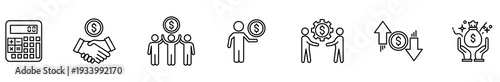 Finance money business accounting calculator handshake partnership teamwork profit investment line icon collection with calculator, deal, group, income, management, growth, and savings symbol