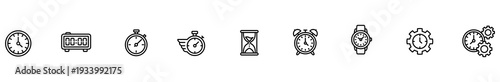 Clock timer stopwatch hourglass alarm clock wristwatch gear icon interface outline, minimal black line symbol collection on white background for schedule planning, countdown, deadline reminder