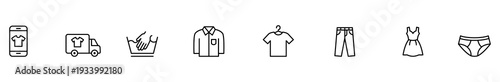 Clothing laundry delivery icon outline smartphone truck washing set of minimal line symbols for apparel service, mobile ordering, shipping, cleaning, wardrobe, retail navigation
