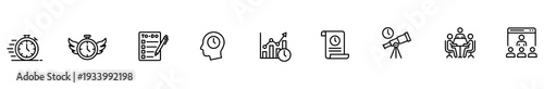 Icon stopwatch checklist head chart laptop telescope meeting, thin line business and productivity symbol collection on white banner, clean outline design for website interface and presentation