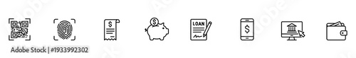Finance icon set barcode fingerprint receipt piggy bank loan smartphone bank line symbol collection for digital payment, saving, banking, security, budget planning, clean minimal design