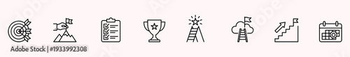 Target goal mountain flag checklist trophy ladder cloud stair calendar icon set, thin line vector symbols for business planning, achievement, productivity, progress, schedule, web interface