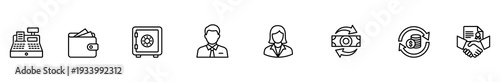 Business finance icon line outline vector wallet safe manager handshake inventory money exchange transfer agreement symbol set for banking, payment, security, logistics, interface design