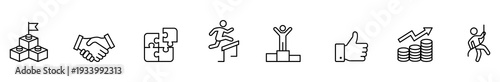 Business icon outline leadership teamwork strategy success growth set featuring goal flag handshake puzzle hurdle podium approval profit chart climbing minimal design
