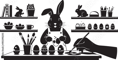 Easter bunny decorating eggs with paint and brushes carefully