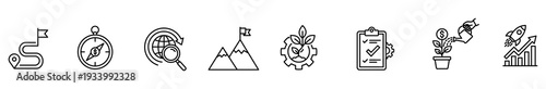 Business strategy planning goal compass route mountain checklist line icon set for startup growth, sustainability, global search, finance, rocket launch, productivity, success outline