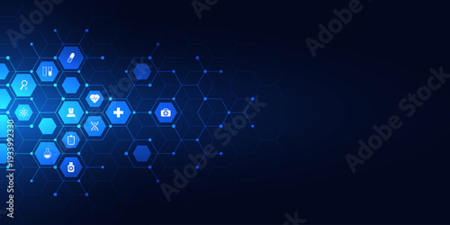 Healthcare and technology concept with flat icons and symbols. Template design for health care business, innovation medicine, pharmaceutical industry, science, medical research.