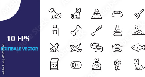 Collection of various line art icons representing pets and their care items in a clean design