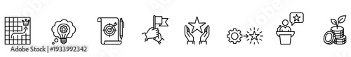 Business icon line strategy idea target goal achievement success set featuring map lightbulb bullseye flag star gear trophy and coin plant for startup planning
