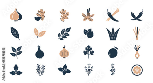 Collection of Minimalist Culinary Herbs and Spices Icons, Cooking Ingredients Vector Set for Food Illustration and Menu Design