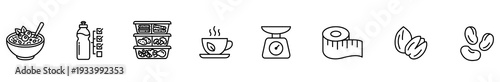 Nutrition diet fitness hydration meal coffee scale measurement line icon set featuring bowl bottle weight container cup tape nut bean for healthy lifestyle planning