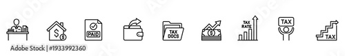 Tax finance accounting invoice wallet document chart audit icon outline collection black line symbol for tax report payment budget audit analytics web interface infographic banner