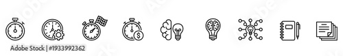 Stopwatch clock timer speedometer money brain lightbulb network icon set, black outline symbols for productivity, finance, creativity, technology, note, document