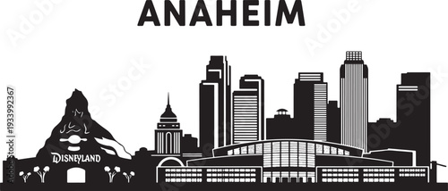 Anaheim city skyline with Disneyland and modern buildings