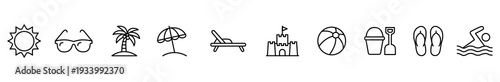 Sun eyewear palm umbrella lounger sandcastle beach ball bucket icons forming summer beach banner with minimal black outline style for travel vacation seaside recreation