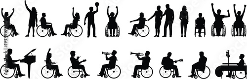 Black silhouette collection of people in wheelchairs playing musical instruments and engaging in sports for disability empowerment accessibility and inclusive lifestyle and arts concepts.