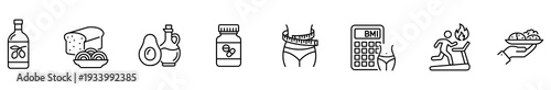 Nutrition diet food oil avocado bread supplement waist icons show olive oil bottle grains vitamin jar body measurement BMI calculator exercise balanced meal healthy lifestyle concept