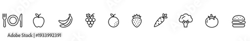 Food icon outline set fruit vegetable burger apple banana grape, orange strawberry carrot broccoli tomato plate cutlery, minimal line art for menu, nutrition label, healthy kitchen design